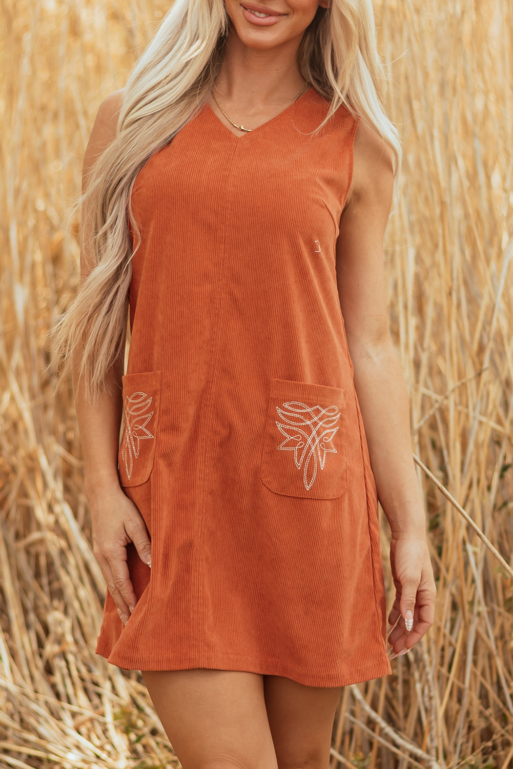 Gold Flame Corduroy Western Embroidered Patched Pocket Shift Sleeveless Mini Dress- Women