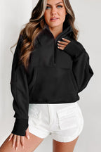 Black Fleece Lined Zip Up Stand Collar Thumbhole Sleeve Sweatshirt- Women