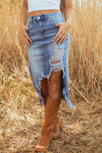 Dearlove Myosotis Irregular Distressed Bottom Denim Midi Skirt- Women