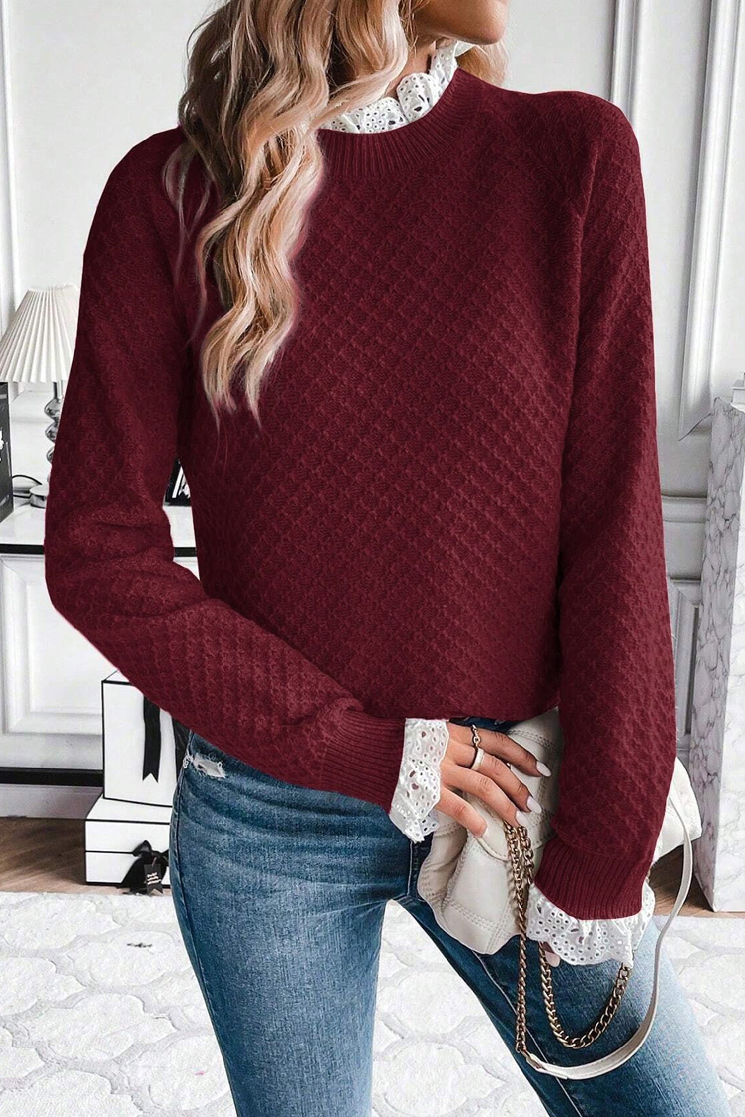 Burgundy Contrast Lace Frilled Trim Raglan Sleeve Sweater- Women