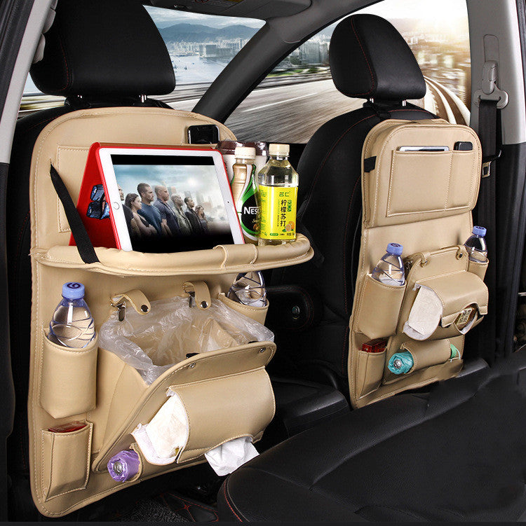 PU Leather Car Storage Bag Multifunction Seat Back Tray Hanging Bag Waterproof Car Organizer Automotive Interior Accessories Beige