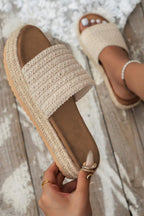 White Boho Woven Non-slip Wedge Slippers- Women White 100%Polyester+100%TPR