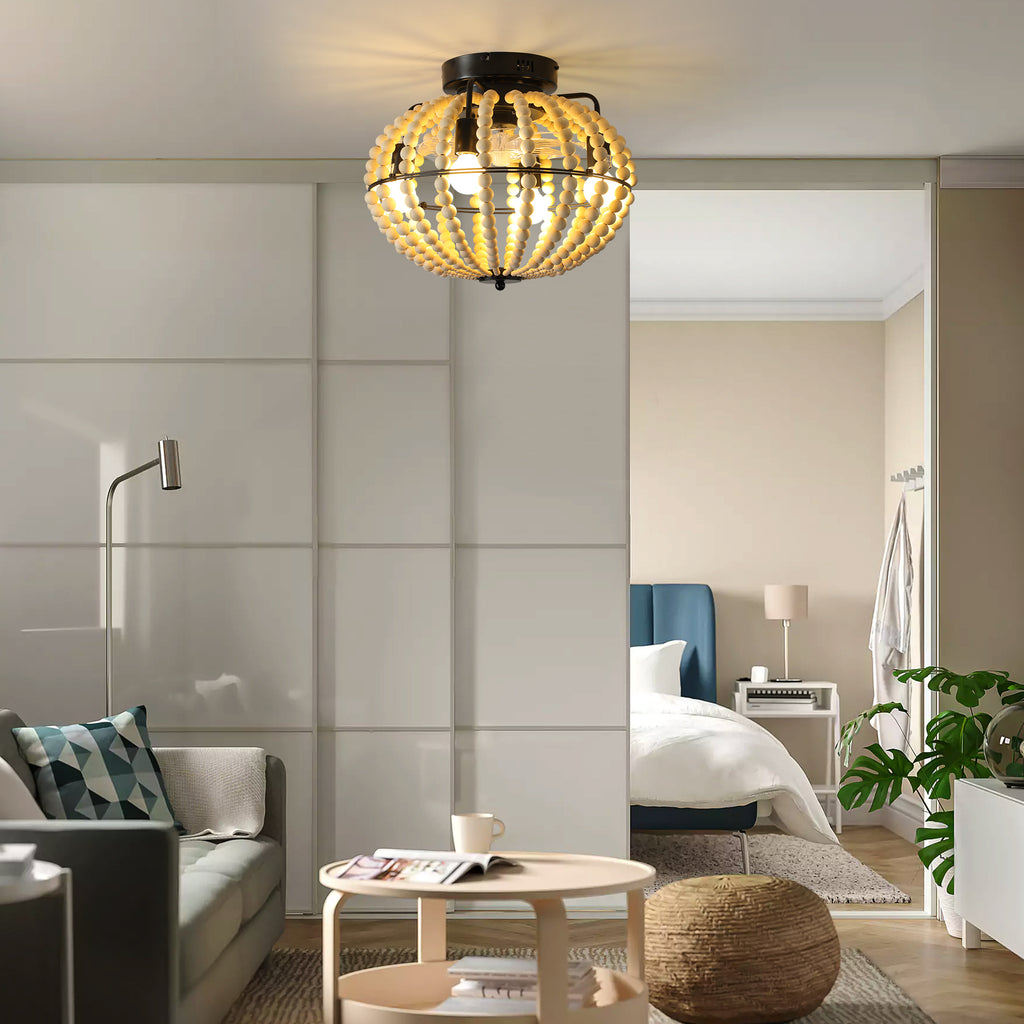 18' Bohemian Wood Beaded Ceiling Fan with Light, Flush Mount Caged Ceiling Fan, Rustic Farmhouse Low Profile Fan Light Fixture for Indoor Home Decor (Silent/6-Speed/Reversible/DC Motor) (No Bulbs)