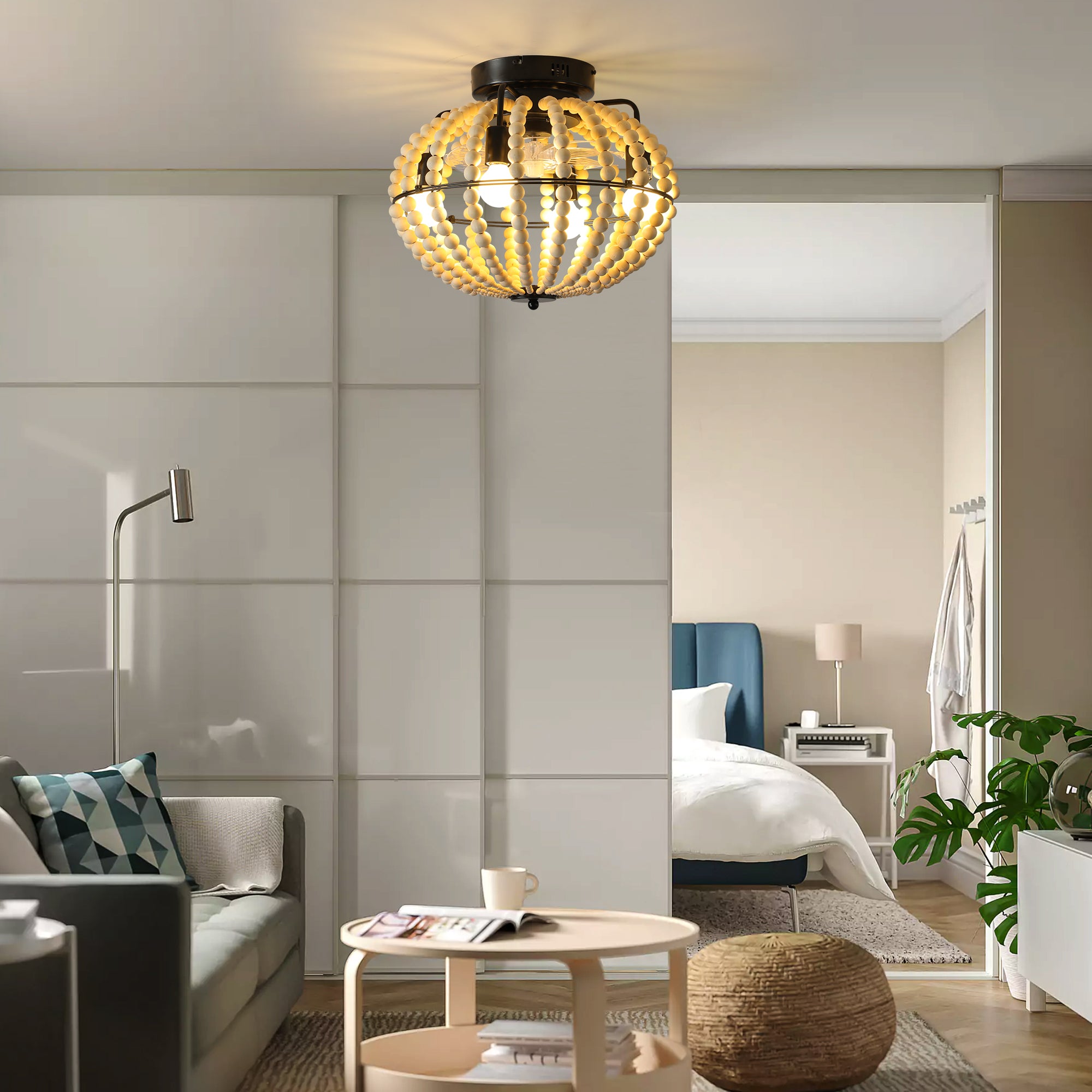 18' Bohemian Wood Beaded Ceiling Fan with Light, Flush Mount Caged Ceiling Fan, Rustic Farmhouse Low Profile Fan Light Fixture for Indoor Home Decor (Silent/6-Speed/Reversible/DC Motor) (No Bulbs)