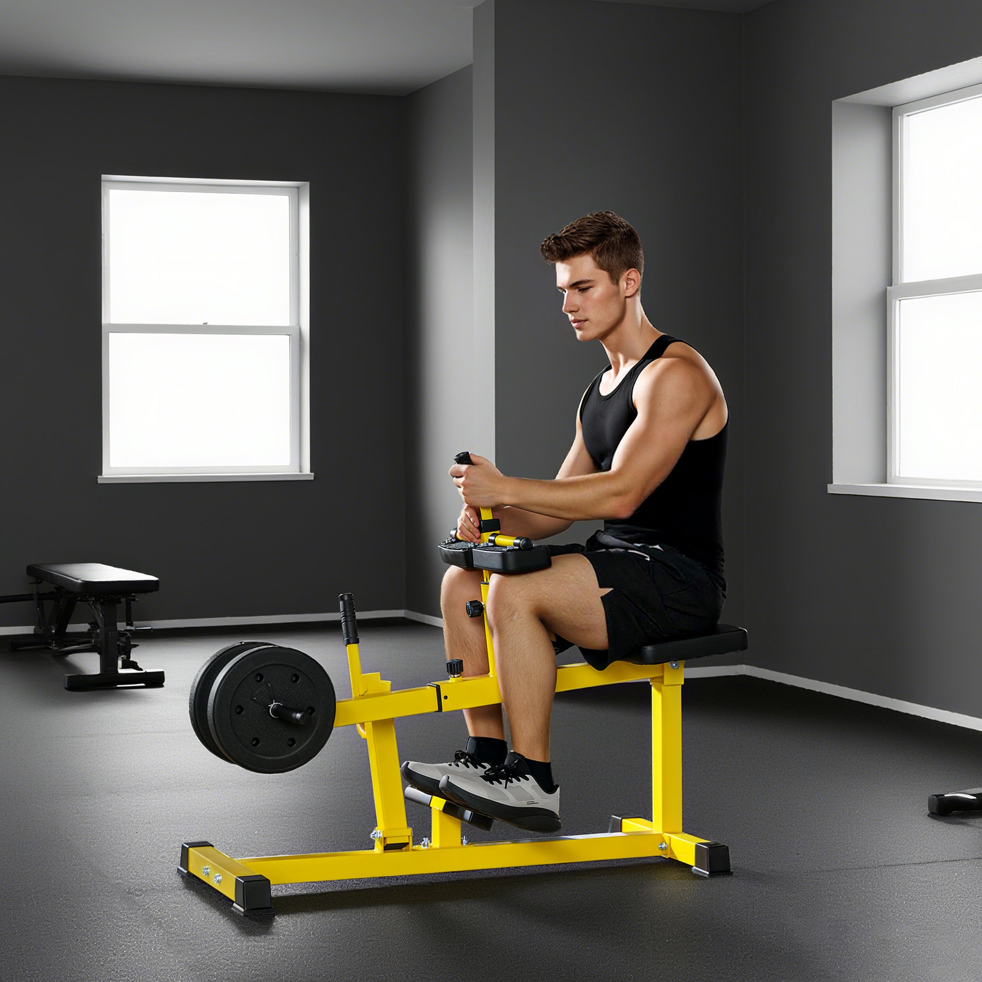 Adjustable Steel Seated Calf Raise Exercise Strength Training Gym Equipment, Yellow Yellow 1090x480x150 mm