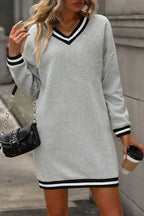 Light Grey Striped Trim V Neck Long Sleeve Preppy T Shirt Dress- Women Light Grey 65%Polyester+35%Cotton