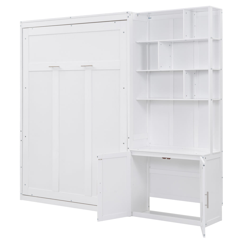 Full Size Murphy Bed with Multiple Storage Shelves and A Cabinet, White