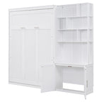 Full Size Murphy Bed with Multiple Storage Shelves and A Cabinet, White
