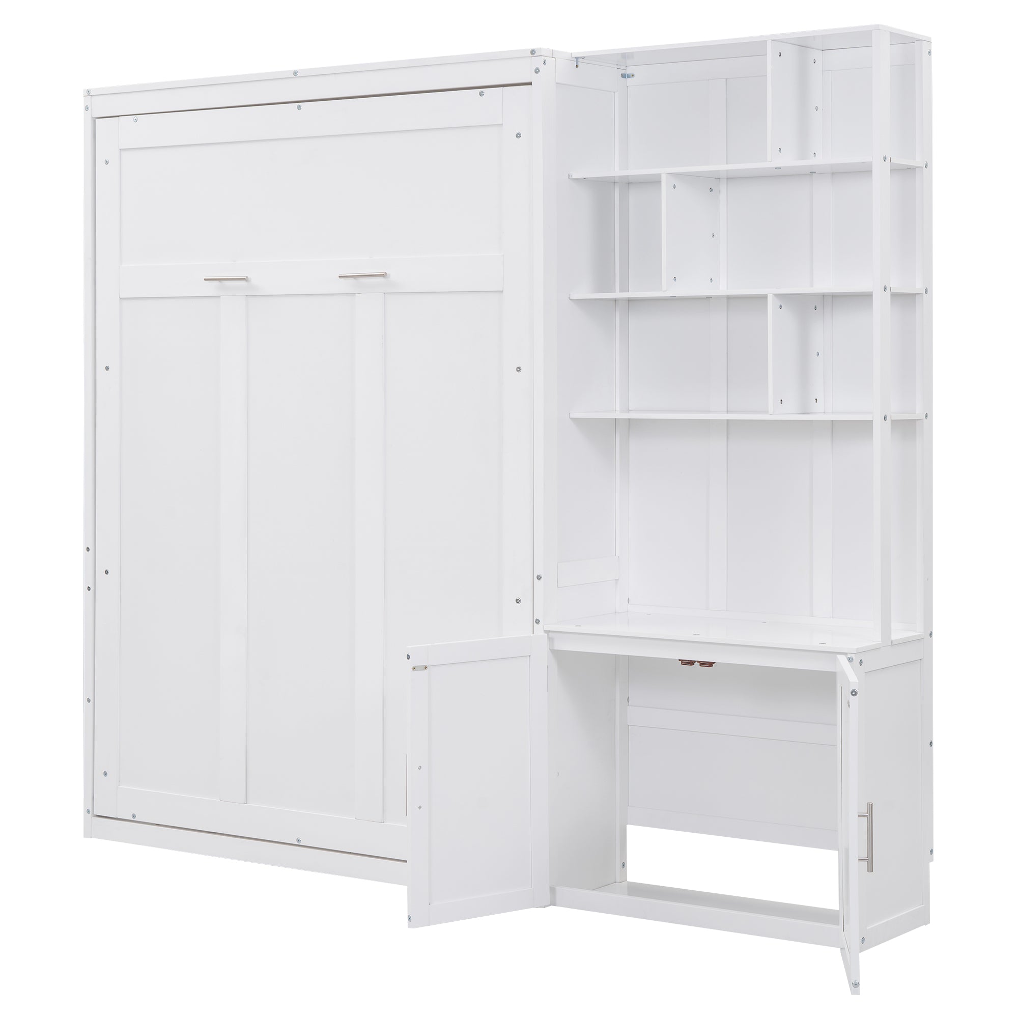 Full Size Murphy Bed with Multiple Storage Shelves and A Cabinet, White