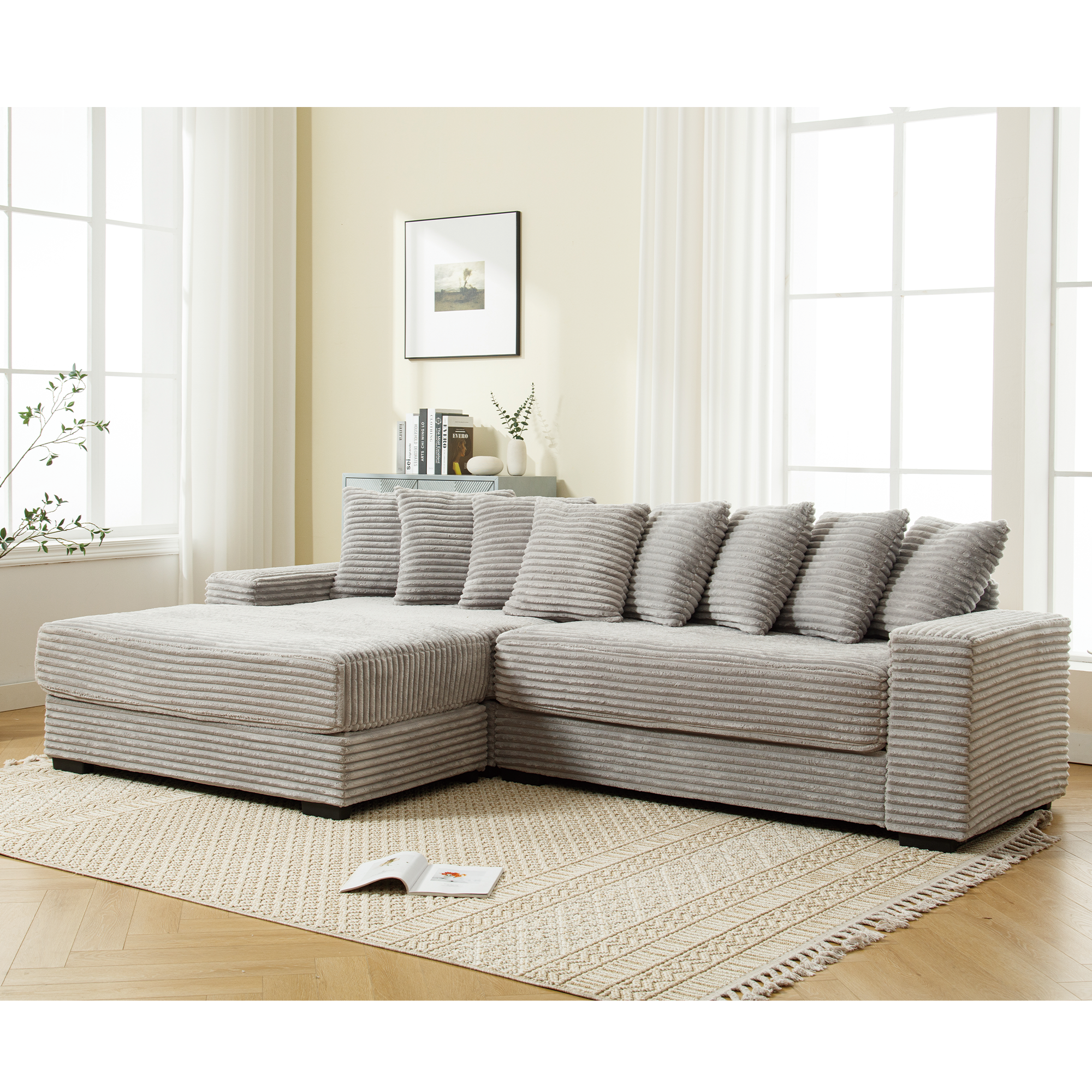 [NEW ARRIVED] [VIDEO PROVIDED] Oversized Two-Piece Couches, L Shaped Sofa, Corduroy, Left Chaise Daybed,with Armrests,Eight Throw Pillows,Corner Sofa,Easy To Assemble, Gray