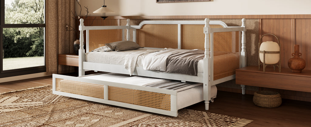 Traditional Style Rattan Twin Size Daybed with 2 Drawers, Antique White, Solid Pine Wood & MDF