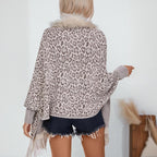 Women's Leopard Poncho With Faux Fur Collar - Fringe Hem Long Sleeve Open Front Cardigan Coat