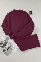 Burgundy Drop Shoulder Zip Up Jacket Drawstring Pants Active 2pcs Set- Women