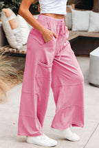 Bonbon Mineral Wash Exposed Seam Drawstring Elastic Waistband Wide Leg Cargo Pants- Women