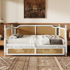 Traditional Style Rattan Twin Size Daybed with 2 Drawers, Antique White, Solid Pine Wood & MDF