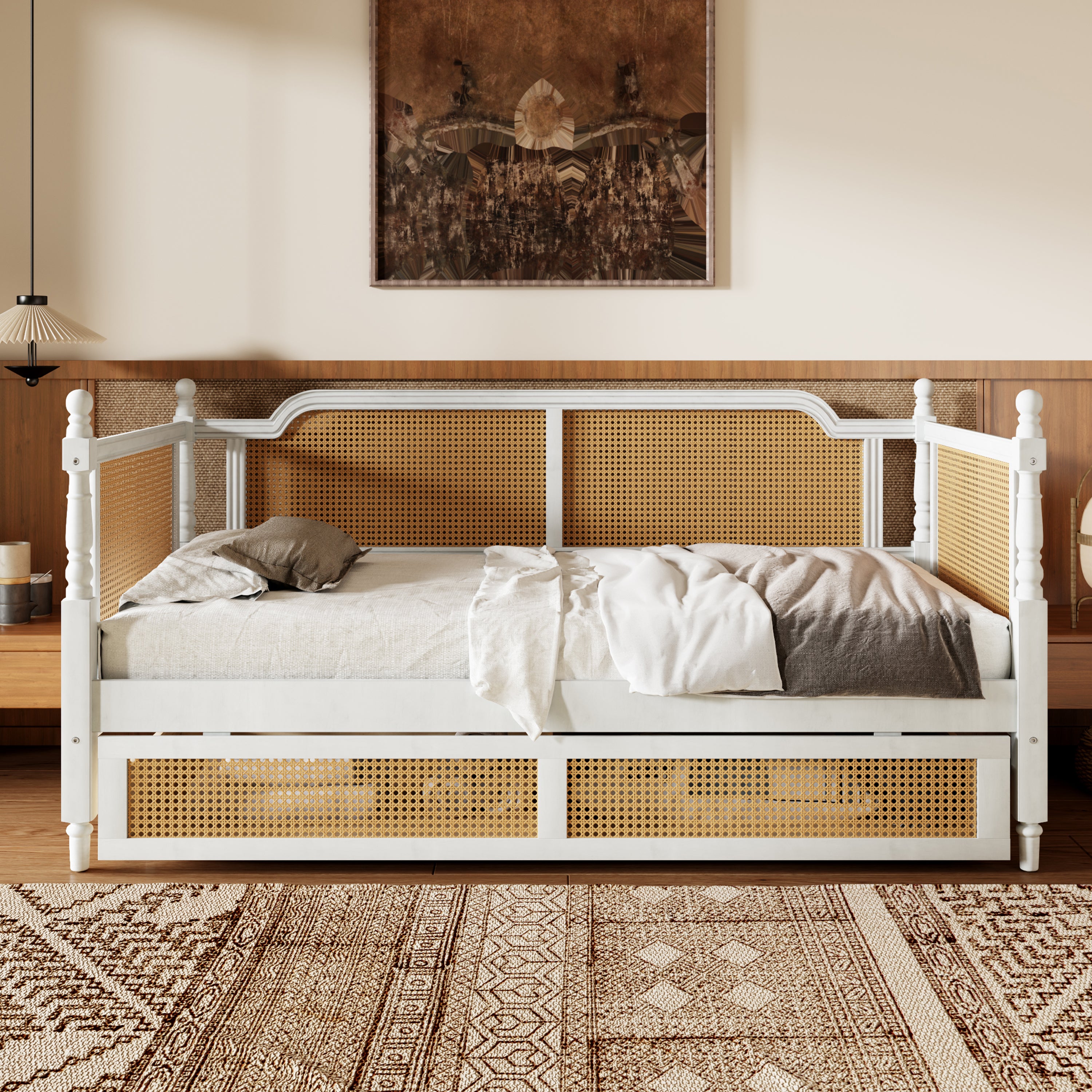 Traditional Style Rattan Twin Size Daybed with 2 Drawers, Antique White, Solid Pine Wood & MDF