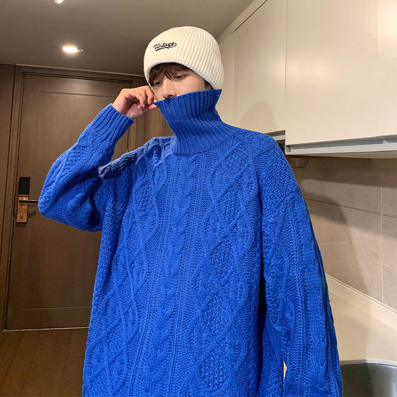 Japanese-style Retro Green Jacquard Turtleneck Men Sweater Blue