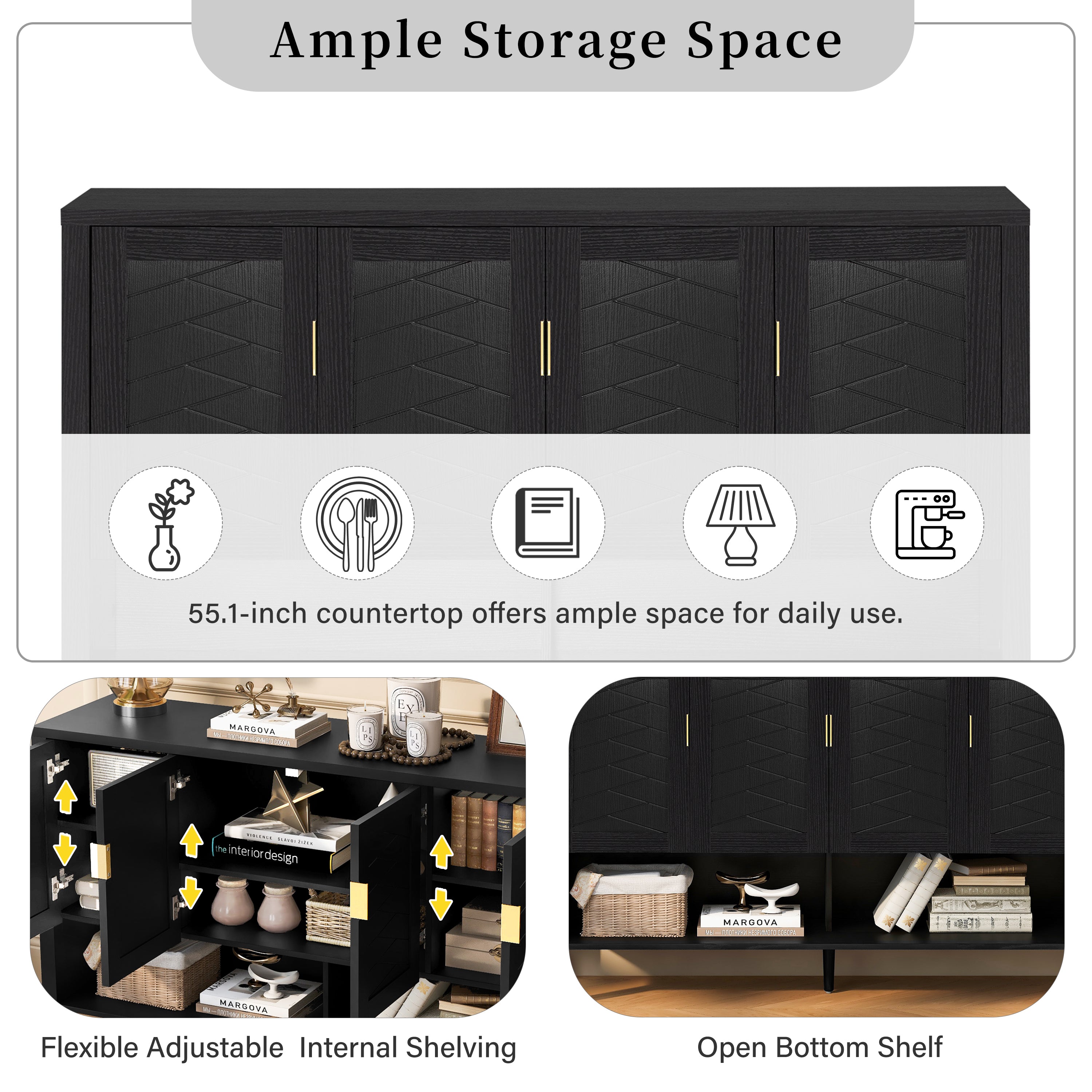 U_STYLE 55.1''Storage Sideboard with 4-Doors,Multi Functional Buffet with Open Shelf and 2-Tiers Adjustable Shelves,Modern Cabinet with Double Hooks,Suitable for Living Room, Hallway, Dining,Office.