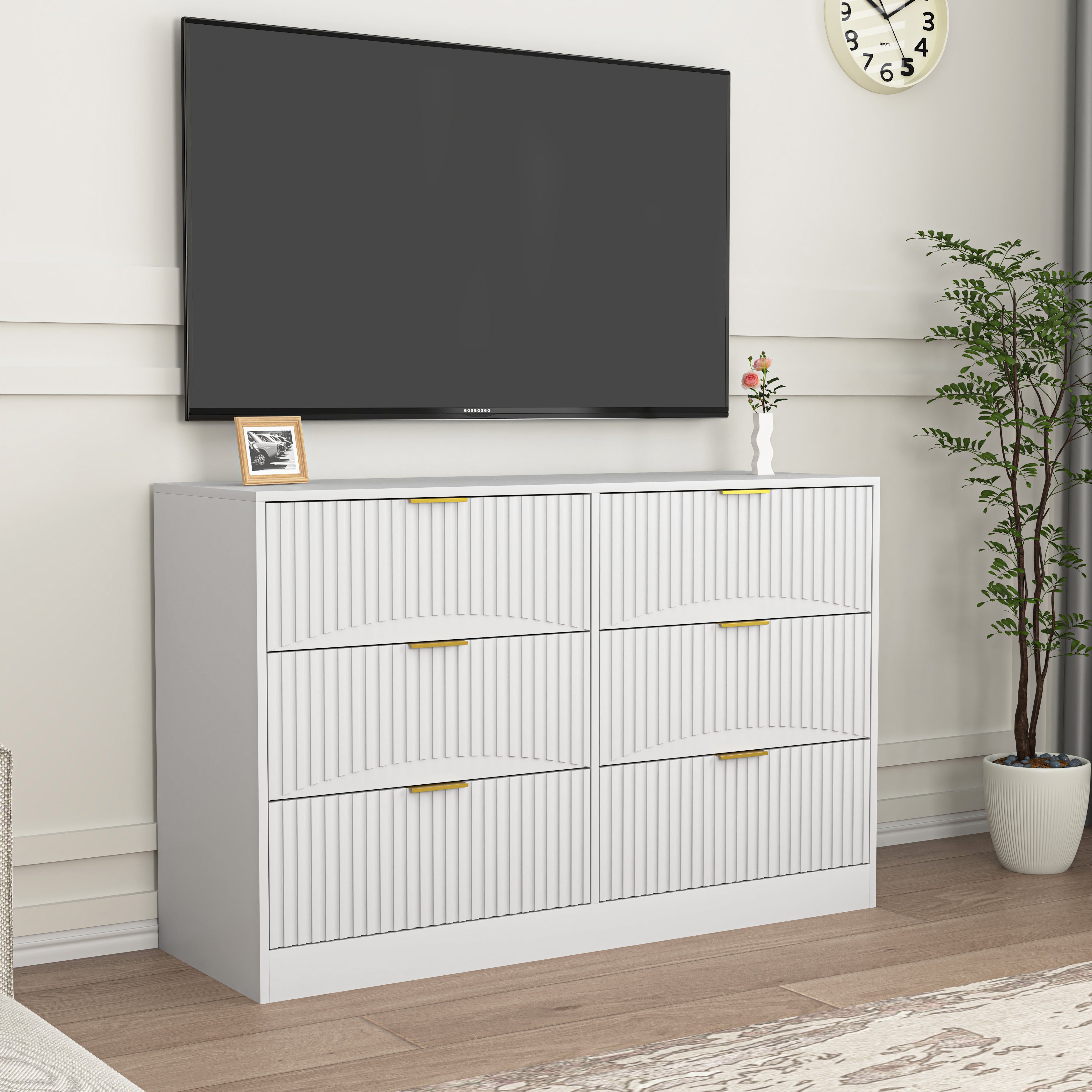Modern 6-Drawer Dresser, Chest of Drawers for Bedroom, Living Room, Hallway, and Entryway - Large Storage Cabinet, White,Drawer panel with wavy patterns