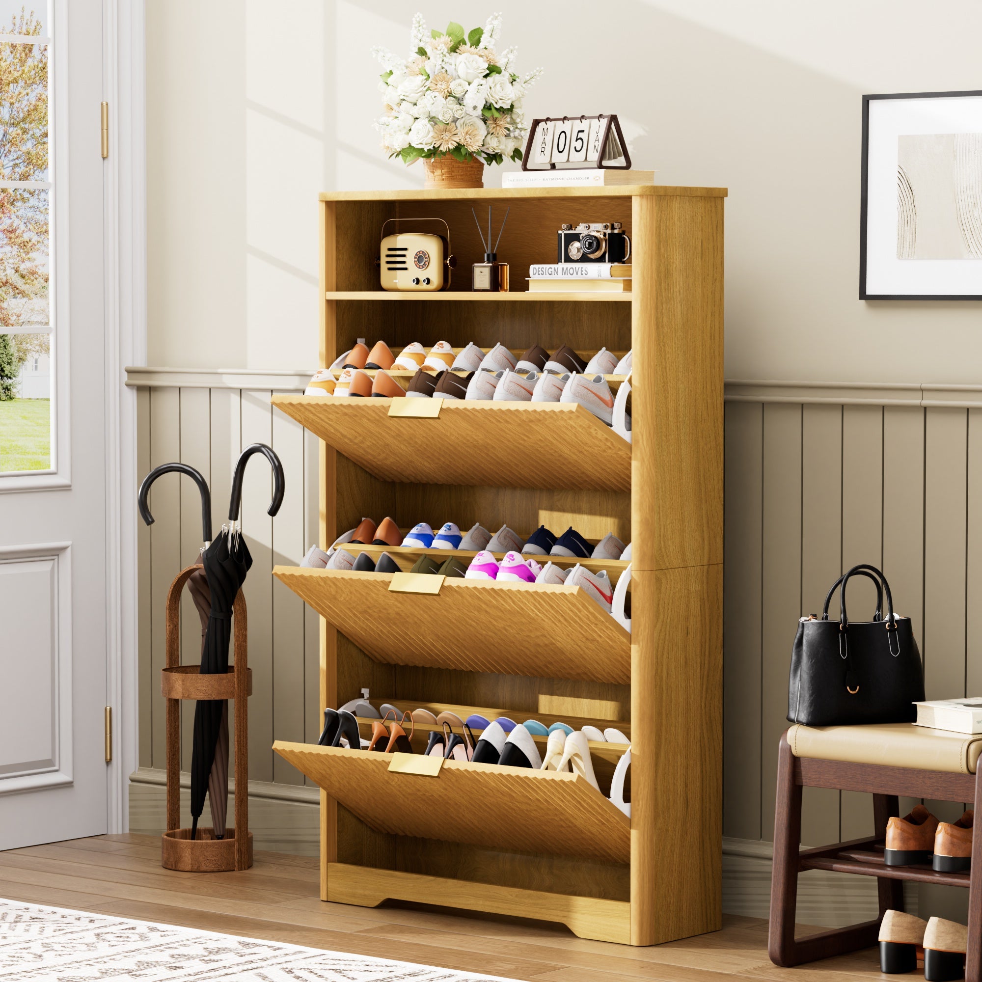 Shoe Cabinet Storage for Entryway Hidden Shoes Storage Cabinet with 3 Flip Drawers, Tall Free Standing Shoe Organizer Rack for Foyer, Hallway. Natural,31.6'' L x 9.6'' W x 54.4'' H.