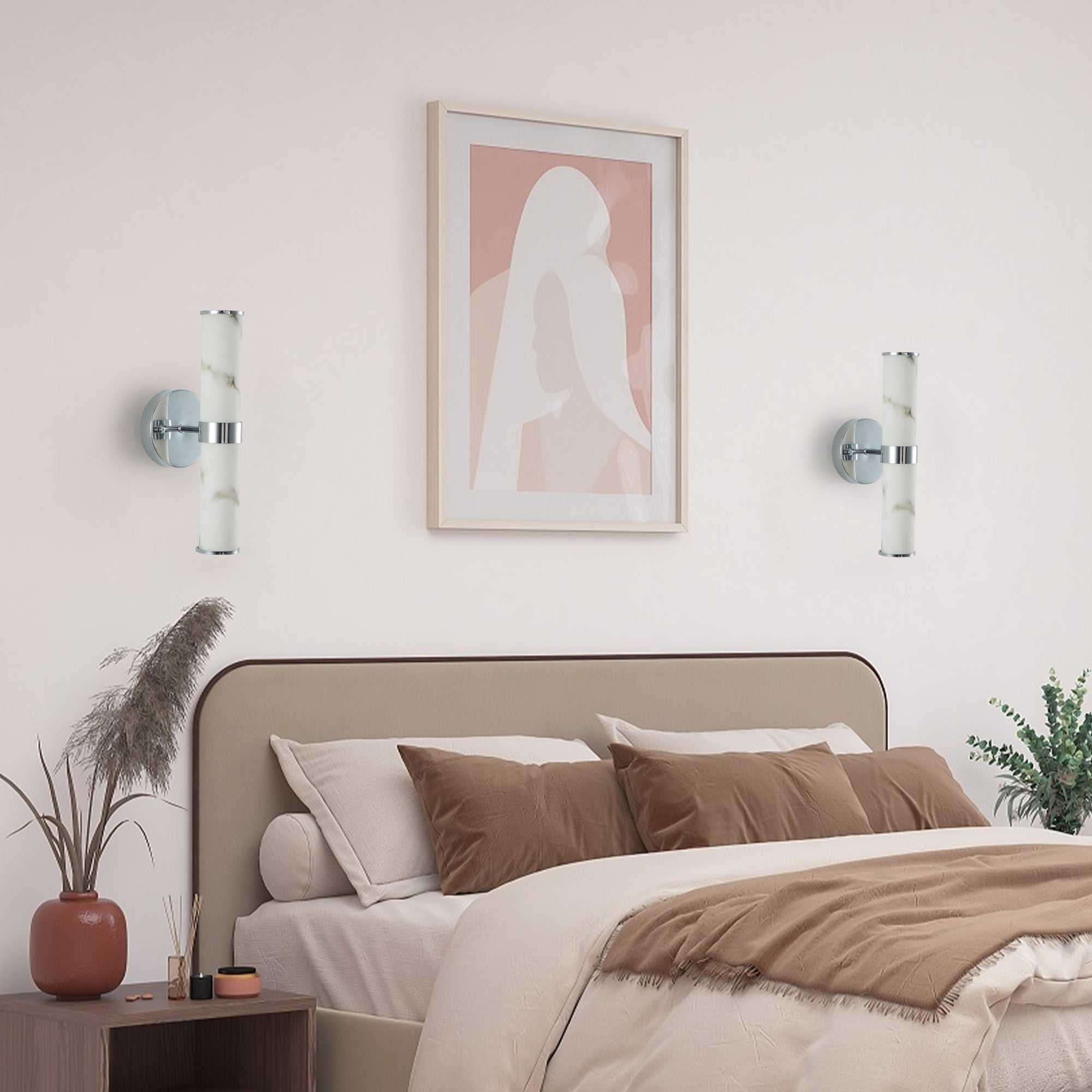 Resin Imitation Marble and Chrome Wall Sconce, Set of 2,Modern Vertical Light Fixture for Bathrooms, Hallways, and Bedrooms (Only Indoor)