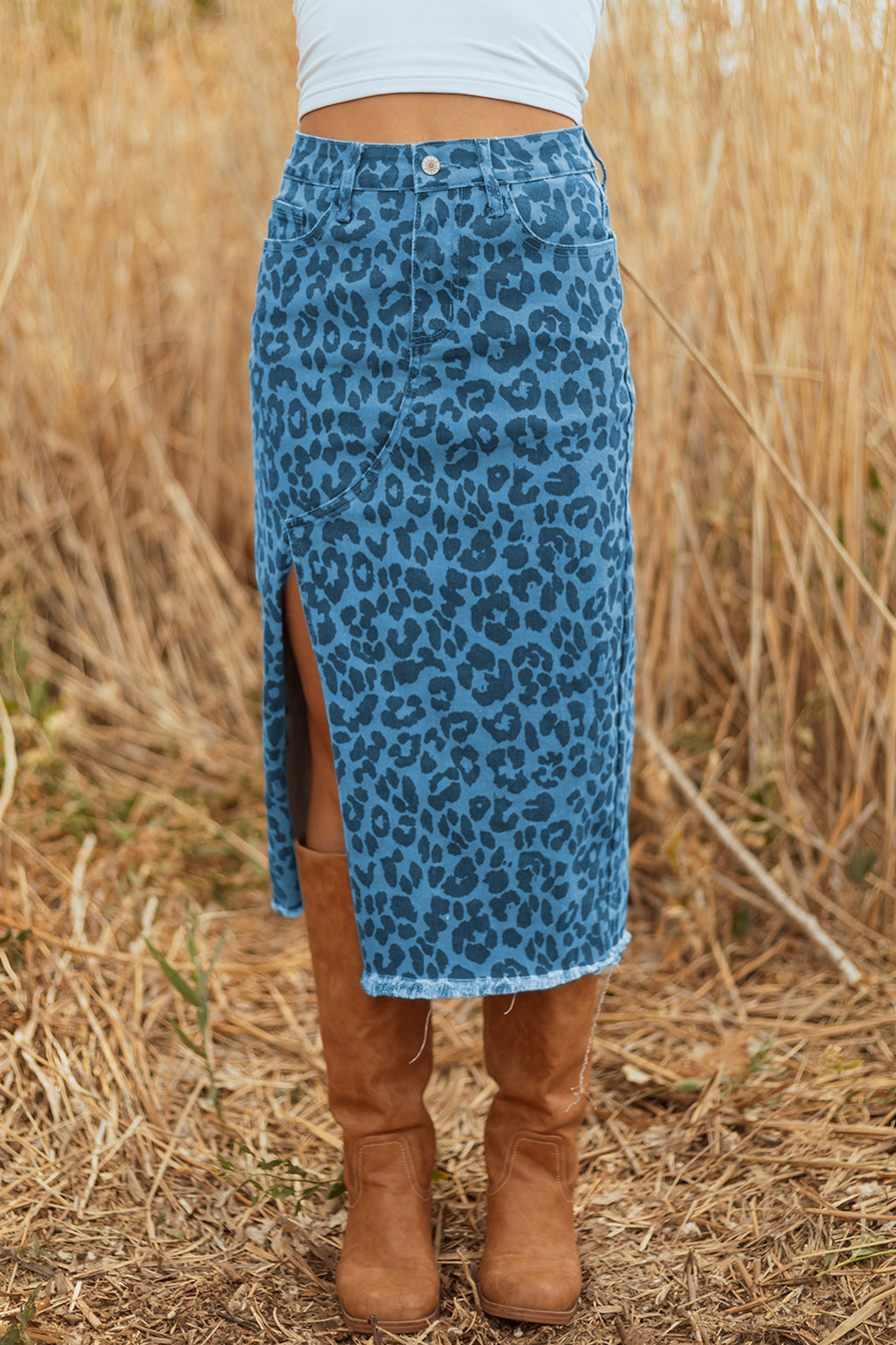 Sky Blue Leopard Denim Frayed Split Denim Midi Skirt- Women Sky Blue 65%Cotton+33%Polyester+2%Elastane
