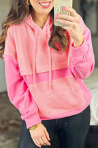 Pink Textured Color Block Kangaroo Pocket Drop Shoulder Hoodie- Women Pink 97%Polyester+3%Elastane