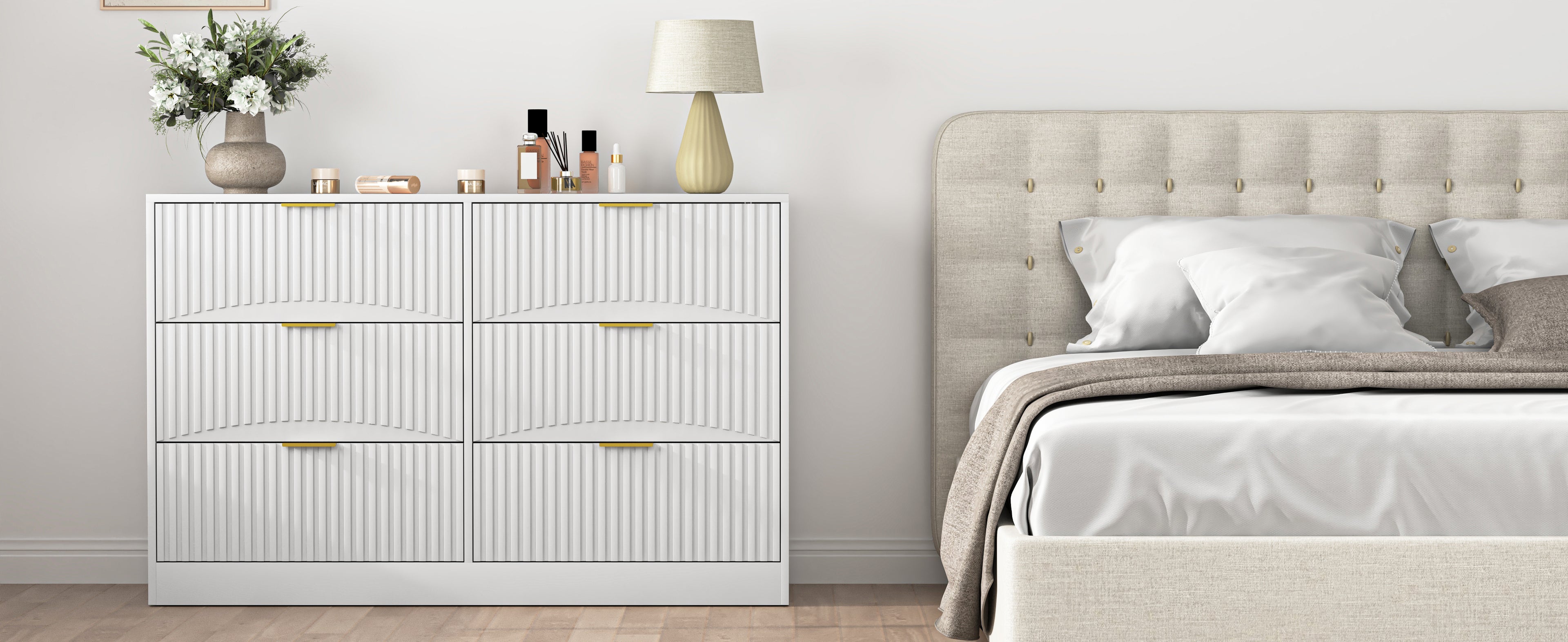Modern 6-Drawer Dresser, Chest of Drawers for Bedroom, Living Room, Hallway, and Entryway - Large Storage Cabinet, White,Drawer panel with wavy patterns