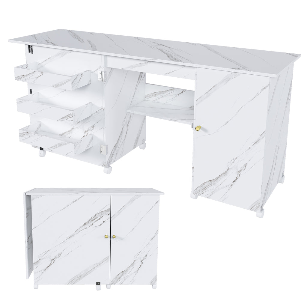 57.5' Foldable Sewing Machine Table with Locking Casters, Multi-Storage Craft Station with Shelves, Bins & Cabinet, Adjustable Sewing Cabinet for Home, Bedroom, and Craft Room(White)