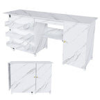 57.5' Foldable Sewing Machine Table with Locking Casters, Multi-Storage Craft Station with Shelves, Bins & Cabinet, Adjustable Sewing Cabinet for Home, Bedroom, and Craft Room(White)