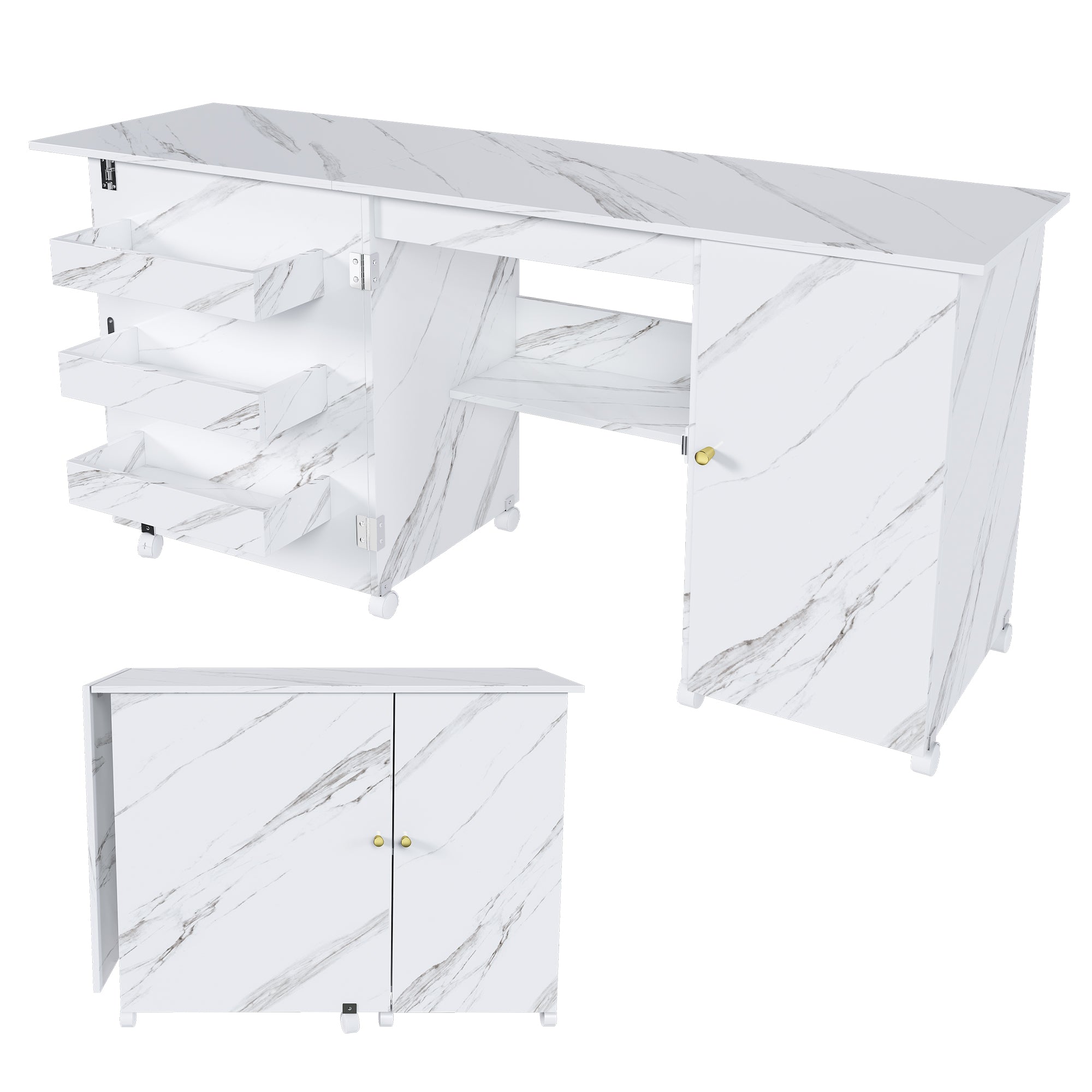 57.5' Foldable Sewing Machine Table with Locking Casters, Multi-Storage Craft Station with Shelves, Bins & Cabinet, Adjustable Sewing Cabinet for Home, Bedroom, and Craft Room(White)