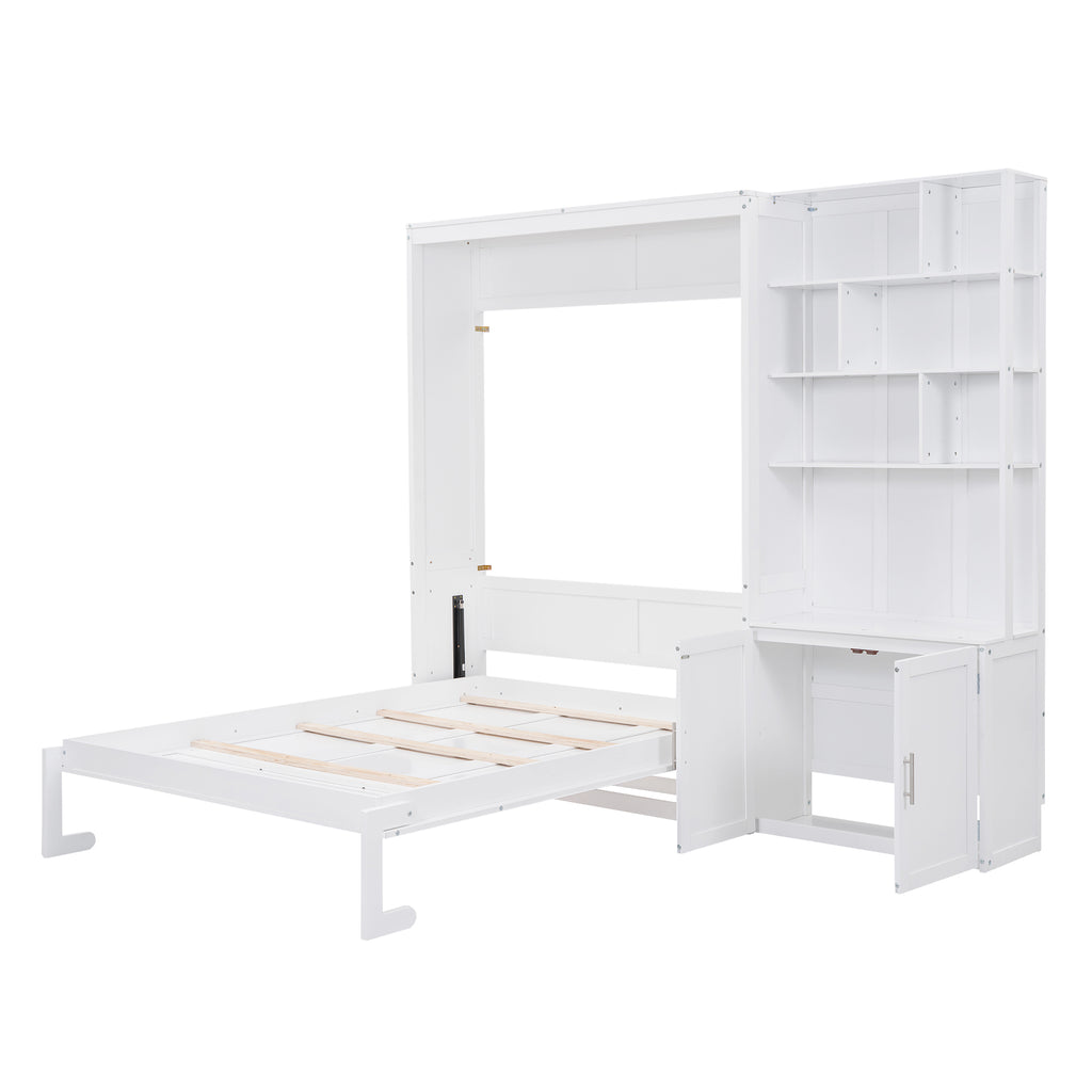 Full Size Murphy Bed with Multiple Storage Shelves and A Cabinet, White Default