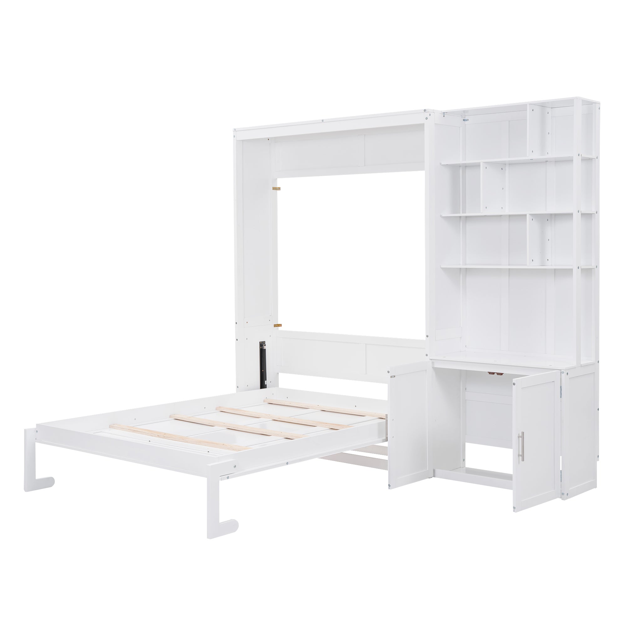 Full Size Murphy Bed with Multiple Storage Shelves and A Cabinet, White Default