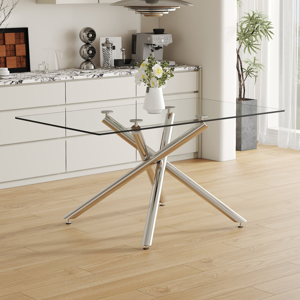 Large Modern Minimalist Rectangular Glass Dining Table with 0.39' Tempered Glass Tabletop and Silver Chrome Metal Legs, for Kitchen Dining Living Meeting Room Banquet hall,63''x35''x 29''W1151S00191