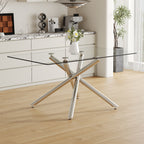 Large Modern Minimalist Rectangular Glass Dining Table with 0.39' Tempered Glass Tabletop and Silver Chrome Metal Legs, for Kitchen Dining Living Meeting Room Banquet hall,63''x35''x 29''W1151S00191