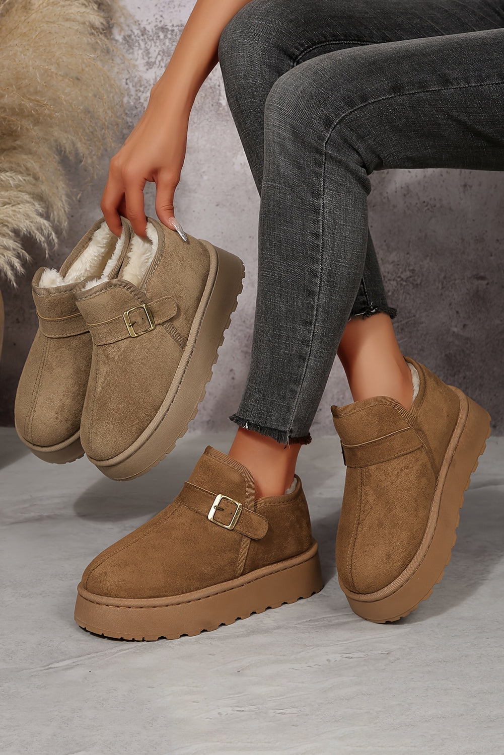 Coffee Buckle Detail Round Toe Platform Cozy Winter Boots- Women