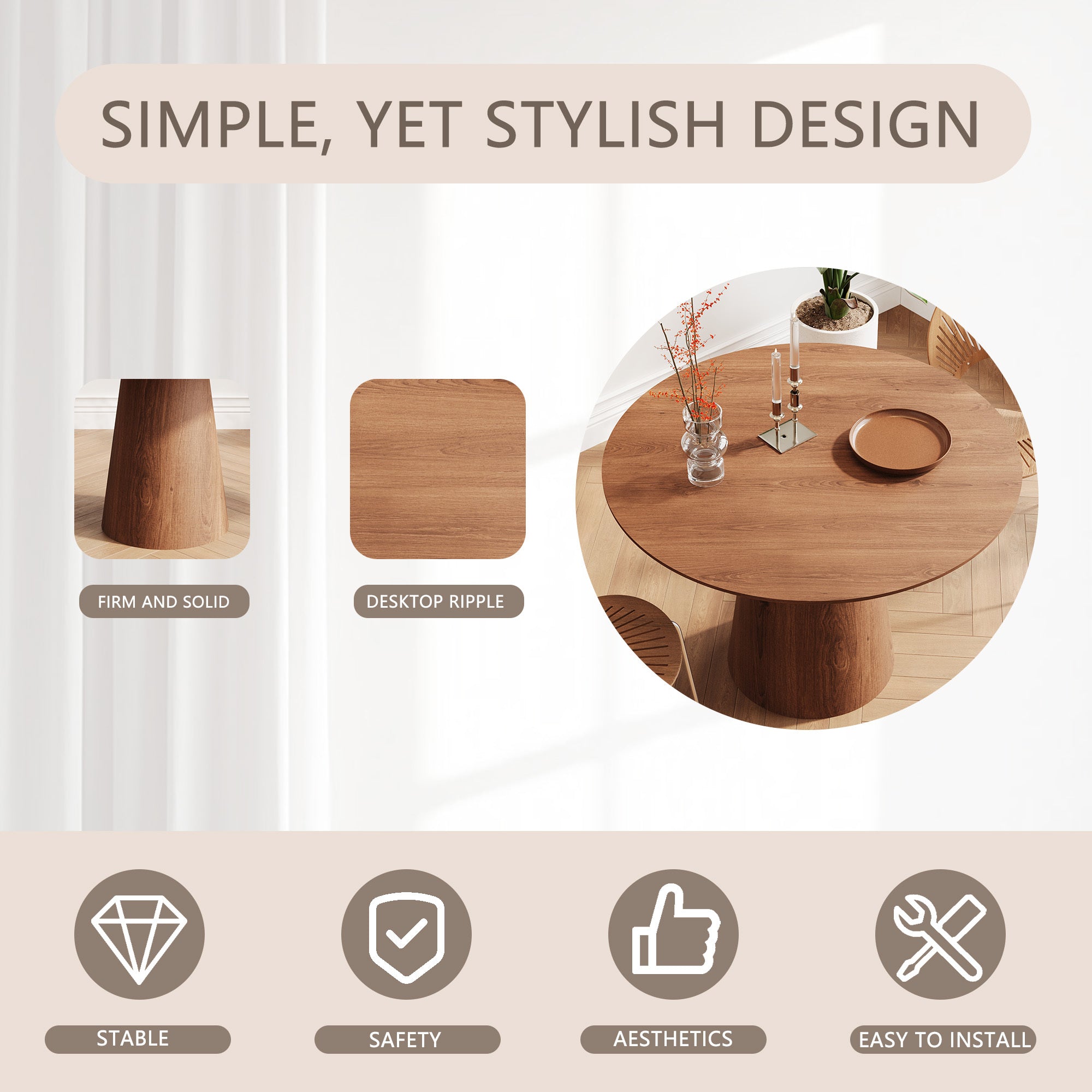 43 inch circular dining table, modern minimalist round table, MDF grain dining table, one handle and two packs