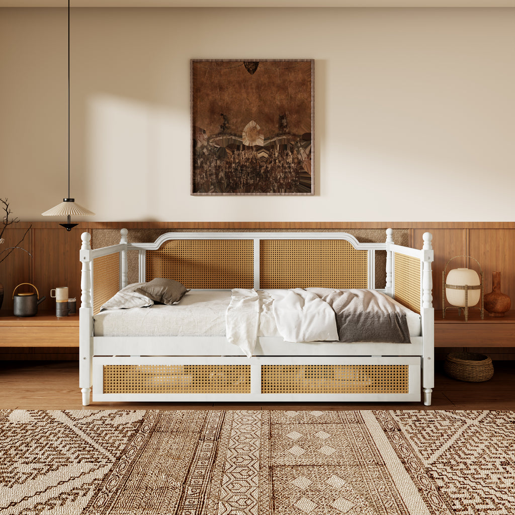Traditional Style Rattan Twin Size Daybed with 2 Drawers, Antique White, Solid Pine Wood & MDF
