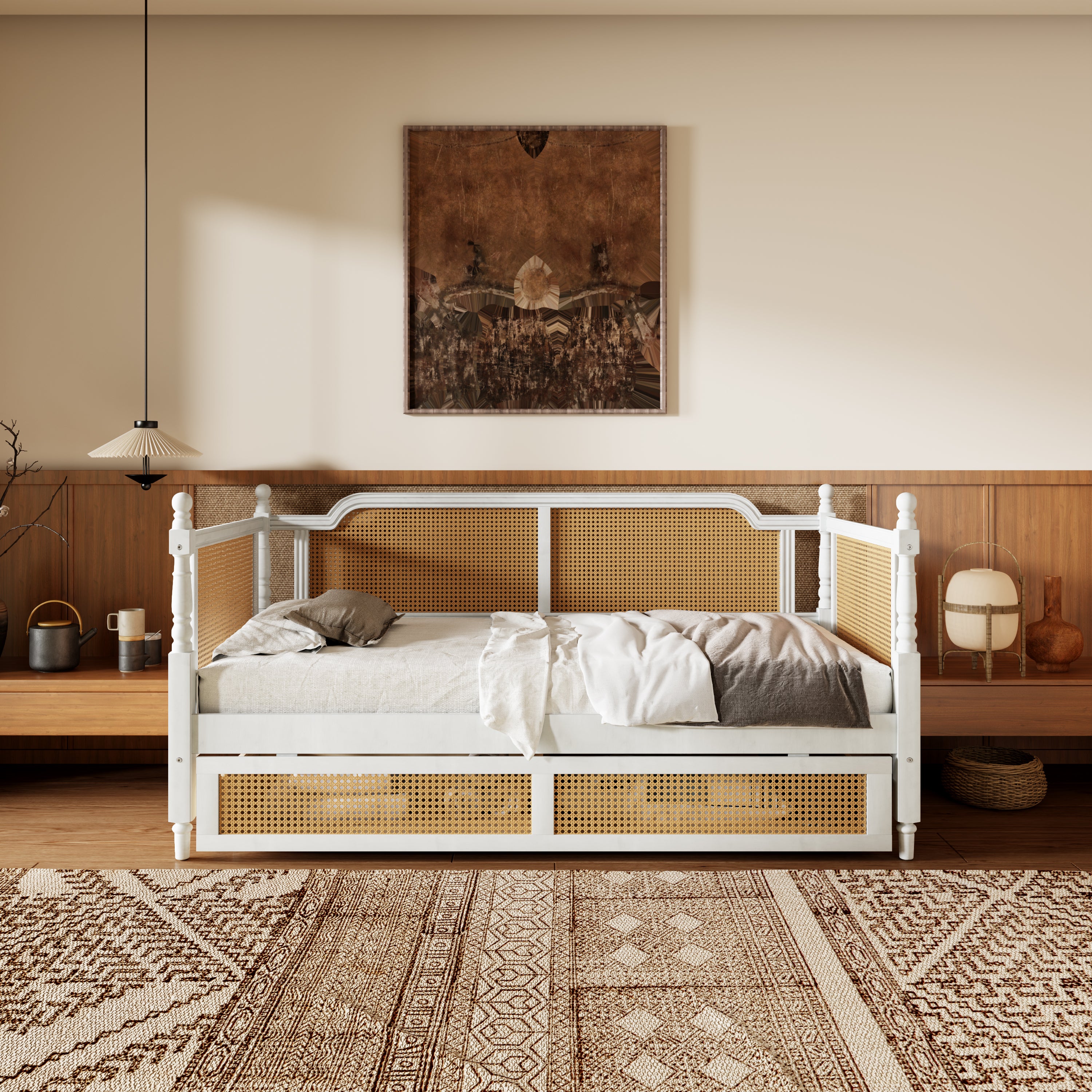 Traditional Style Rattan Twin Size Daybed with 2 Drawers, Antique White, Solid Pine Wood & MDF
