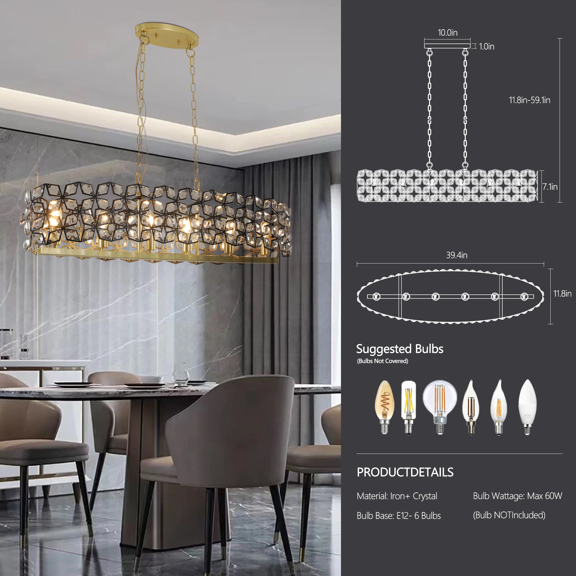 39' Contemporary Crystal and BlackGold Pendant Chandelier – Geometric Modern Light Fixture for Dining Room, Kitchen, or Living Room (Bulb Not Included)