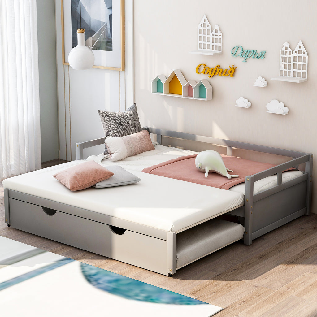 Contemporary Wooden Daybed with Trundle, Space-Saving Gray Twin to King Size Bed