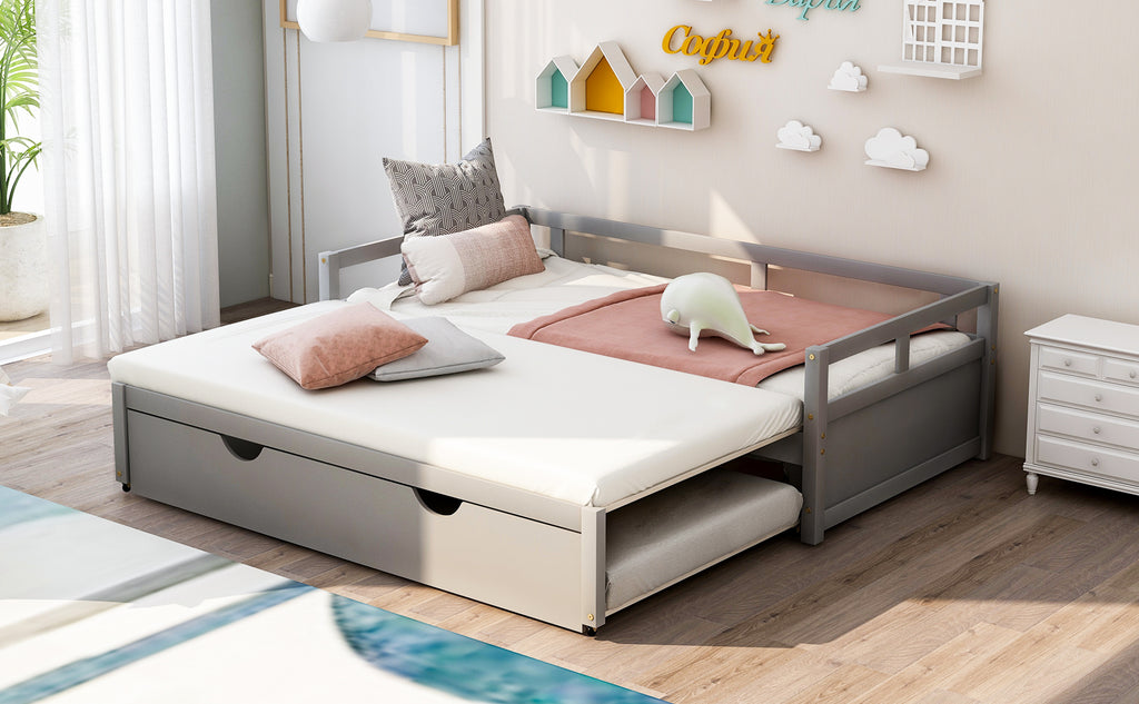 Contemporary Wooden Daybed with Trundle, Space-Saving Gray Twin to King Size Bed