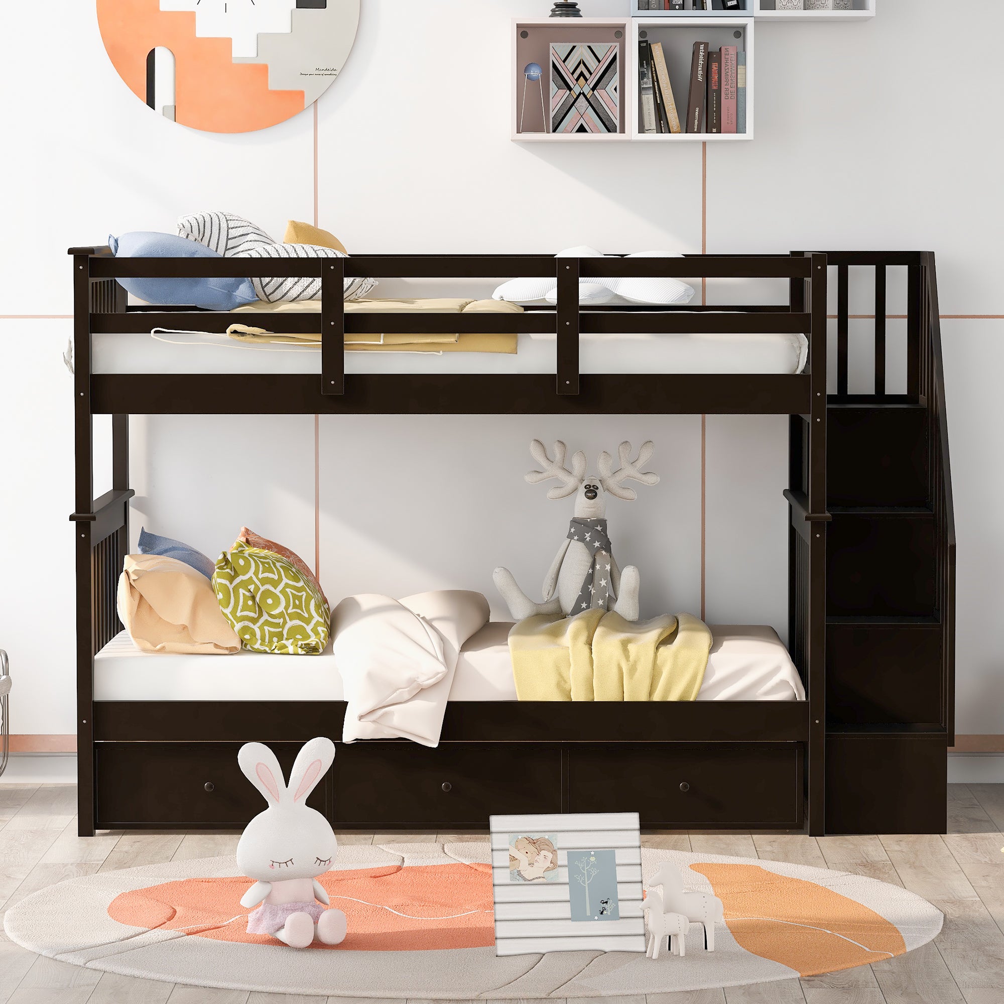 Wendell Twin over Twin Bunk Bed with Three Drawers, Espresso