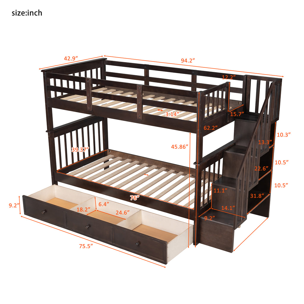 Wendell Twin over Twin Bunk Bed with Three Drawers, Espresso