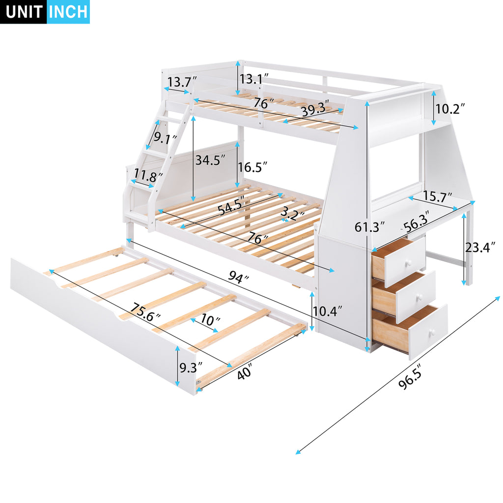 Twin over Full Bunk Bed with Trundle and Built-in Desk, White