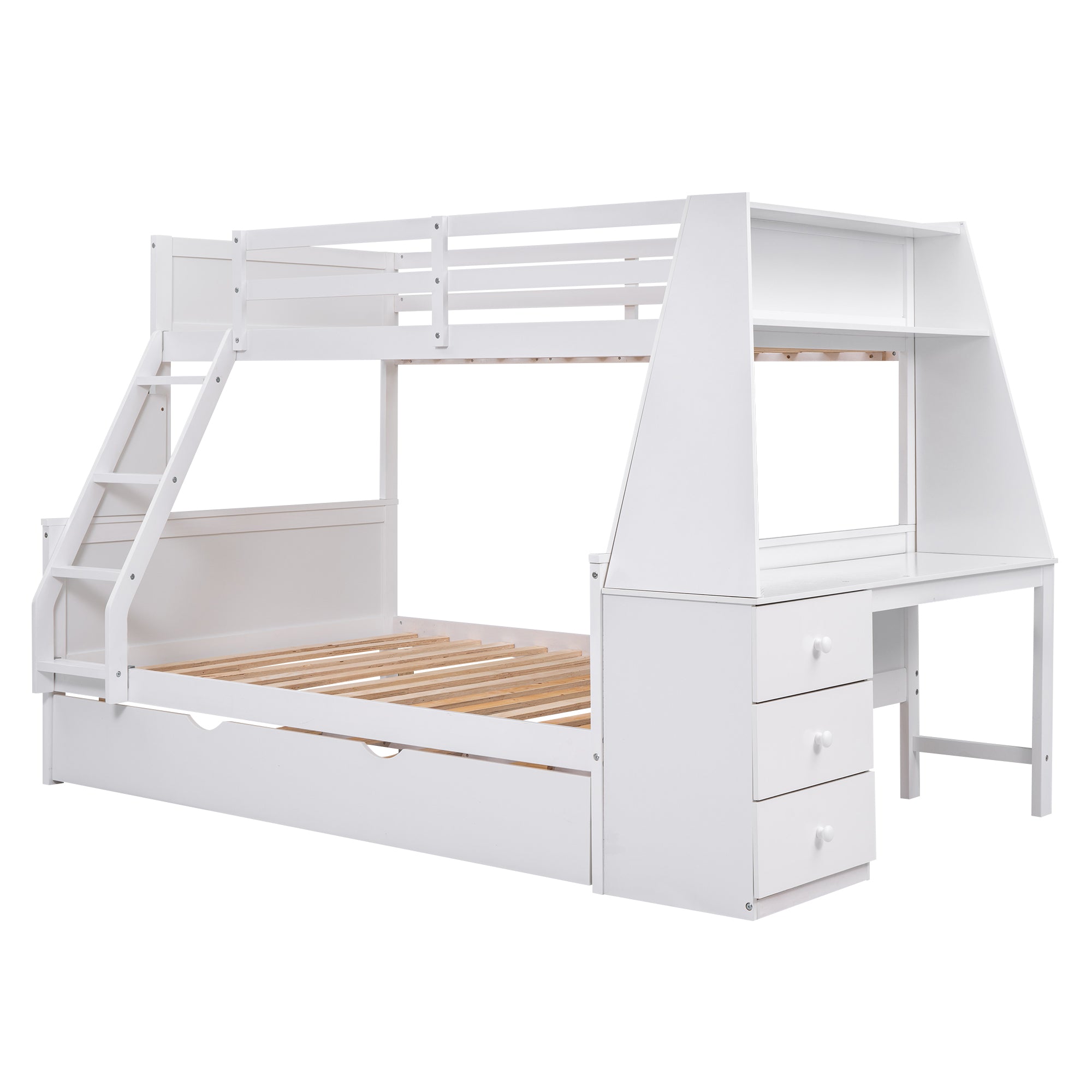 Twin over Full Bunk Bed with Trundle and Built-in Desk, White Default