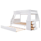 Twin over Full Bunk Bed with Trundle and Built-in Desk, White