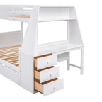 Twin over Full Bunk Bed with Trundle and Built-in Desk, White