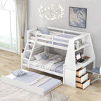 Twin over Full Bunk Bed with Trundle and Built-in Desk, White