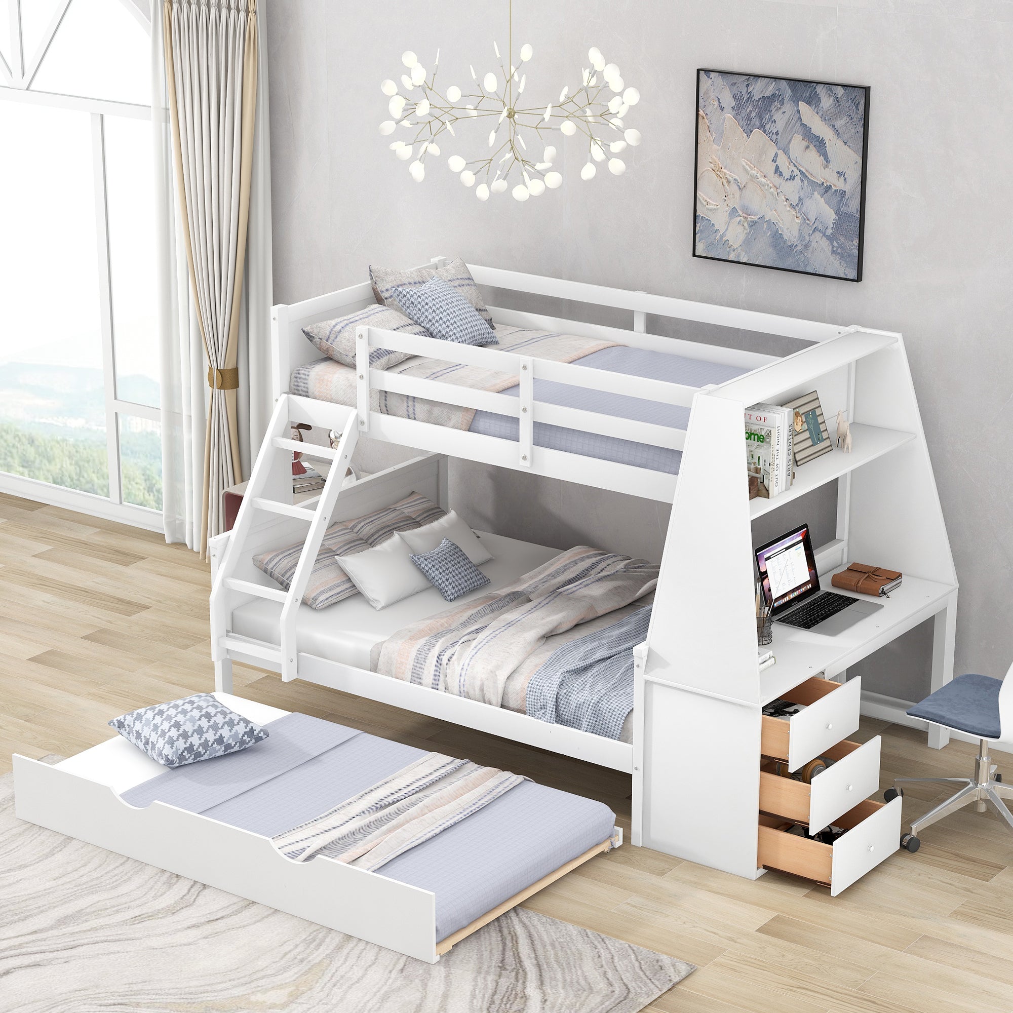 Twin over Full Bunk Bed with Trundle and Built-in Desk, White